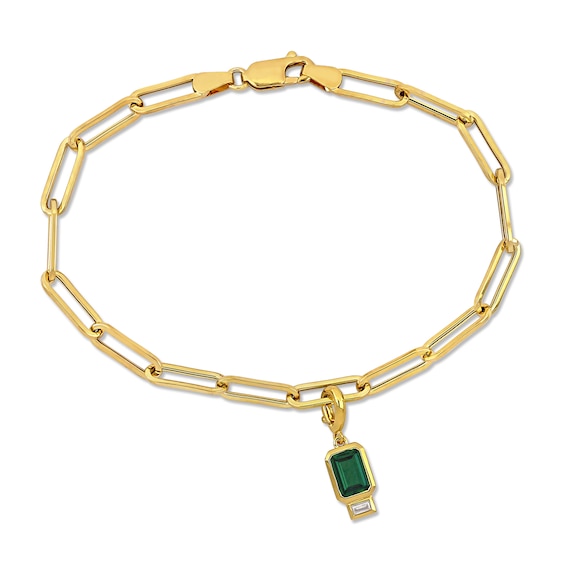 Emerald-Cut Lab-Created Emerald and Sideways Baguette White Lab-Created Sapphire Paper Clip Bracelet in 14K Gold - 7.5"