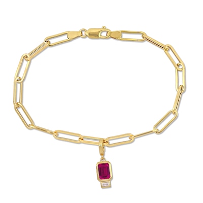 Emerald-Cut Lab-Created Ruby and White Lab-Created Sapphire Charm Paper Clip Bracelet in 14K Gold