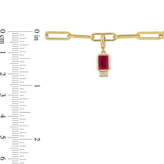 Emerald-Cut Lab-Created Ruby and White Lab-Created Sapphire Charm Paper Clip Bracelet in 14K Gold