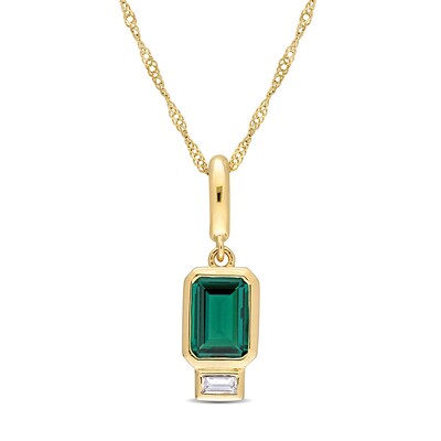 Emerald-Cut Lab-Created Emerald and White Lab-Created Sapphire Charm Pendant in 14K Gold