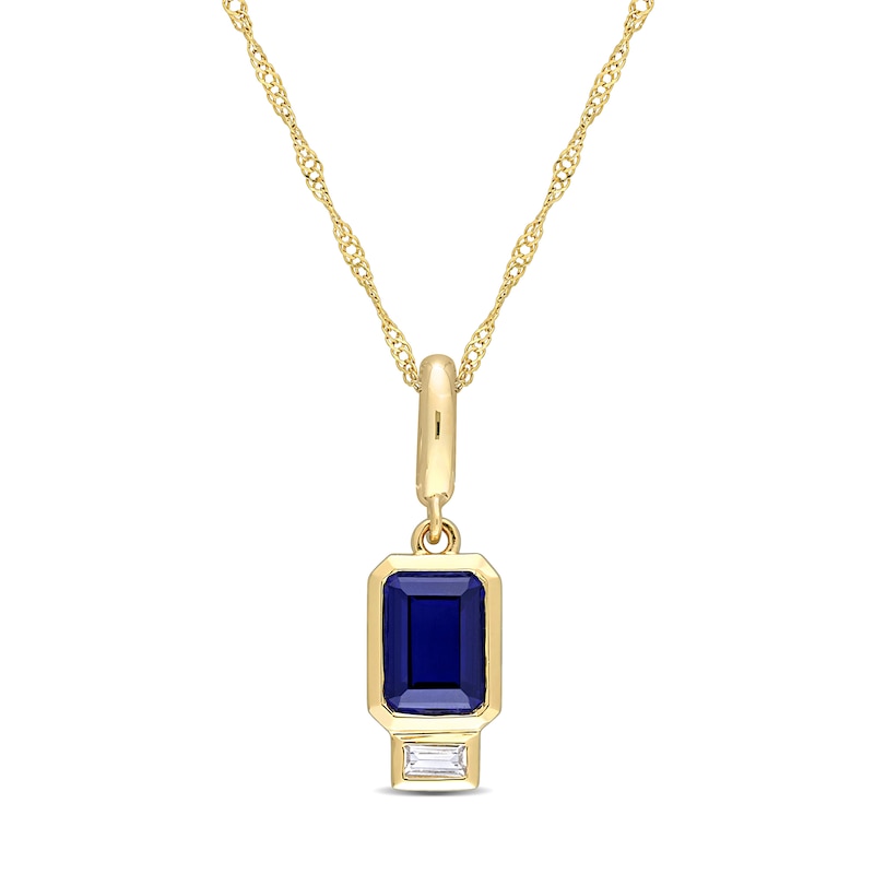 Main Image 1 of Emerald-Cut Blue Lab-Created Sapphire and White Lab-Created Sapphire Charm Pendant in 14K Gold