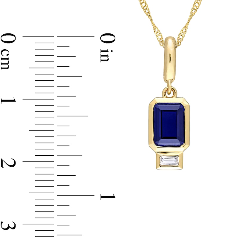 Main Image 4 of Emerald-Cut Blue Lab-Created Sapphire and White Lab-Created Sapphire Charm Pendant in 14K Gold