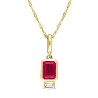 Emerald-Cut Lab-Created Ruby and White Lab-Created Sapphire Charm Pendant in 14K Gold