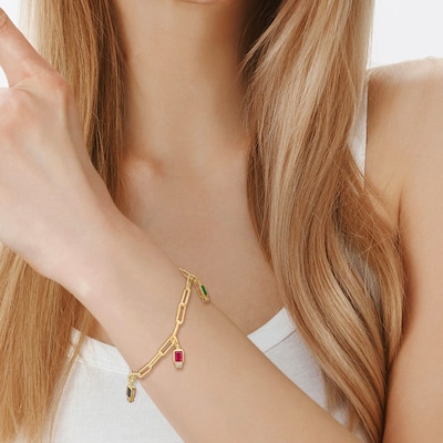 Emerald-Cut Lab-Created Ruby, Lab-Created Emerald, Blue and White Lab-Created Sapphire Paper Clip Bracelet in 14K Gold