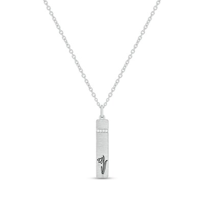 Diamond Accent Engravable Birth Flower Vertical Bar Pendant in Sterling Silver (1 Flower)