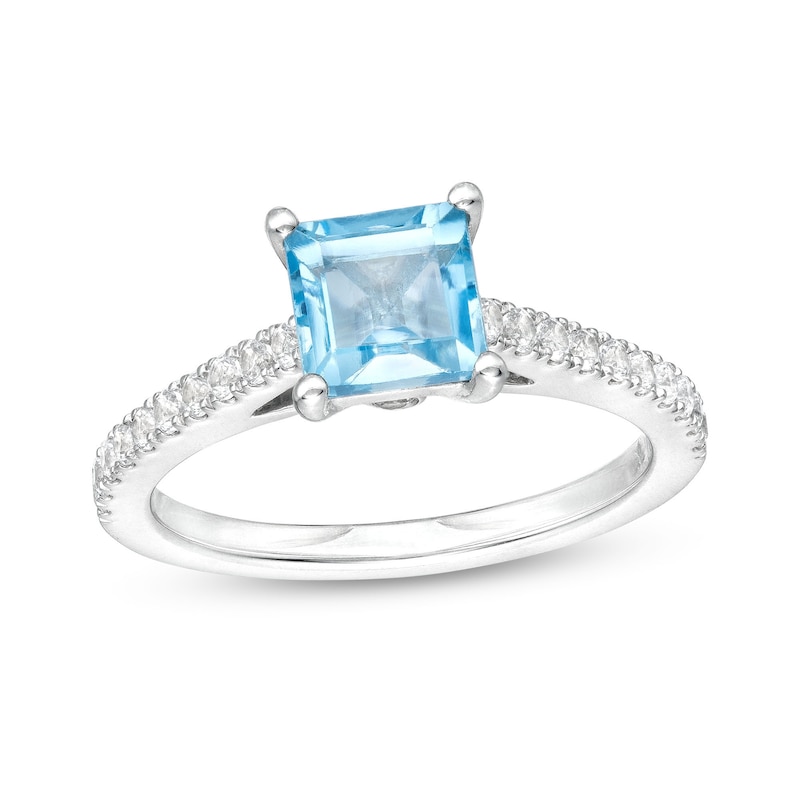 6.0mm Princess-Cut Swiss Blue Topaz and 0.26 CT. T.W. Diamond Ring in 14K White Gold