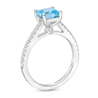 6.0mm Princess-Cut Swiss Blue Topaz and 0.26 CT. T.W. Diamond Ring in 14K White Gold