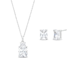 Emerald-Cut White Lab-Created Sapphire Pendant and Stud Earrings Set in Sterling Silver