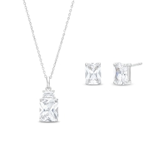 Emerald-Cut White Lab-Created Sapphire Pendant and Stud Earrings Set in Sterling Silver