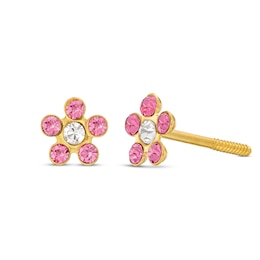 Child's Pink and White Crystal Flower Stud Earrings in 14K Gold