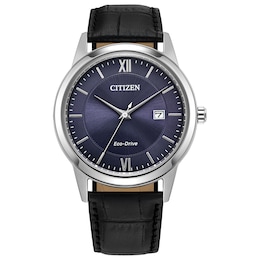 Men’s Citizen Eco-Drive® Classic Black Leather Strap Watch with Blue Dial (Model: AW1780-09L)