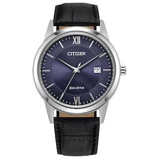 Men’s Citizen Eco-Drive® Classic Black Leather Strap Watch with Blue Dial (Model: AW1780-09L)