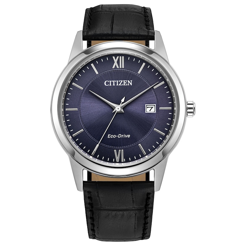 Men’s Citizen Eco-Drive® Classic Black Leather Strap Watch with Blue Dial (Model: AW1780-09L)