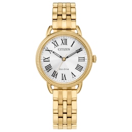 Ladies’ Citizen Eco-Drive® Classic Gold-Tone IP Watch with Silver-Tone Dial (Model: EM1052-51A)