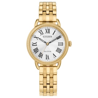 Ladies’ Citizen Eco-Drive® Classic Gold-Tone IP Watch with Silver-Tone Dial (Model: EM1052-51A)