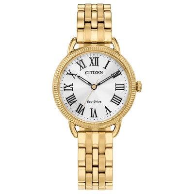 Ladies’ Citizen Eco-Drive® Classic Gold-Tone IP Watch with Silver-Tone Dial (Model: EM1052-51A)