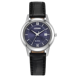 Ladies’ Citizen Eco-Drive® Classic Black Leather Strap Watch with Blue Dial (Model: FE1087-01L)