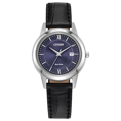 Ladies’ Citizen Eco-Drive® Classic Black Leather Strap Watch with Blue Dial (Model: FE1087-01L)