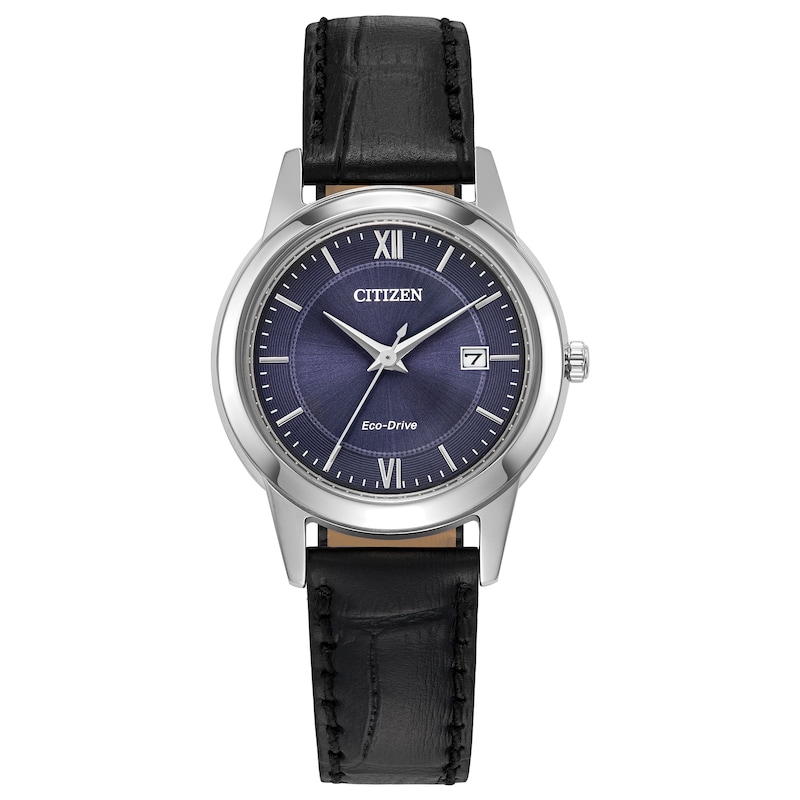 Ladies’ Citizen Eco-Drive® Classic Black Leather Strap Watch with Blue Dial (Model: FE1087-01L)|Peoples Jewellers