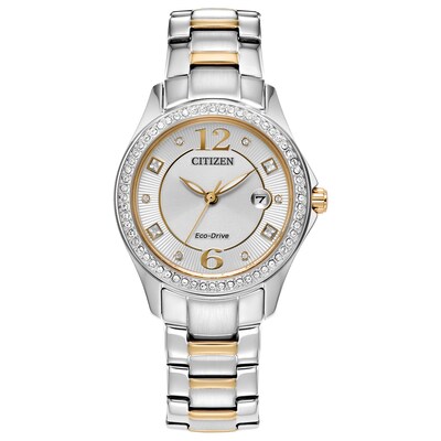 Ladies’ Citizen Eco-Drive® Crystal Accent Two-Tone IP Watch with Silver-Tone Dial (Model: FE1146-71A)