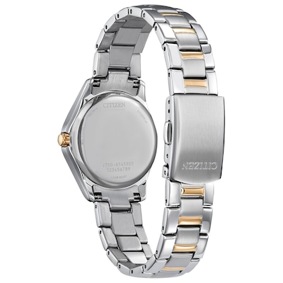 Ladies’ Citizen Eco-Drive® Crystal Accent Two-Tone IP Watch with Silver-Tone Dial (Model: FE1146-71A)