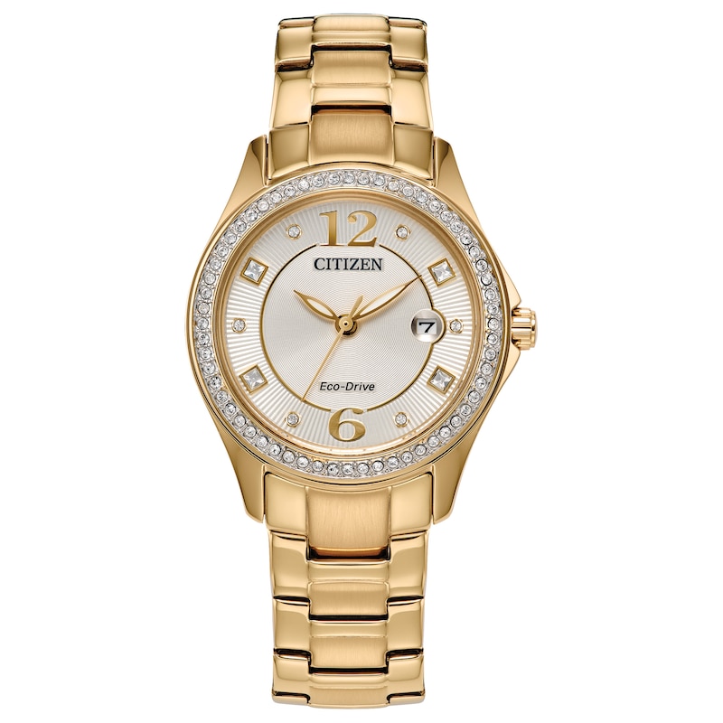 Ladies’ Citizen Eco-Drive® Crystal Accent Gold-Tone IP Watch with Champagne Dial (Model: FE1147-79P)|Peoples Jewellers