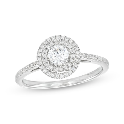 Canadian Certified Centre Diamond 0.50 CT. T.W. Double Frame Engagement Ring in 14K White Gold (I/I1)