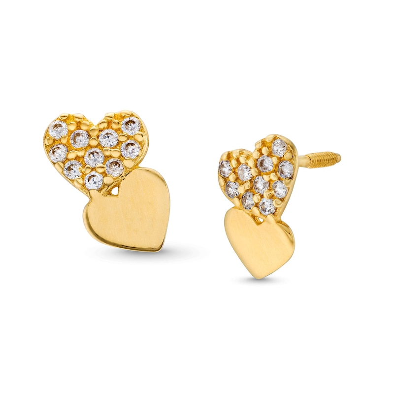 Child's Cubic Zirconia and Polished Double Heart Stud Earrings in 14K Gold|Peoples Jewellers