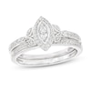 0.23 CT. T.W. Marquise-Shaped Multi-Diamond Frame Leaf-Sides Ribbon Shank Bridal Set in Sterling Silver