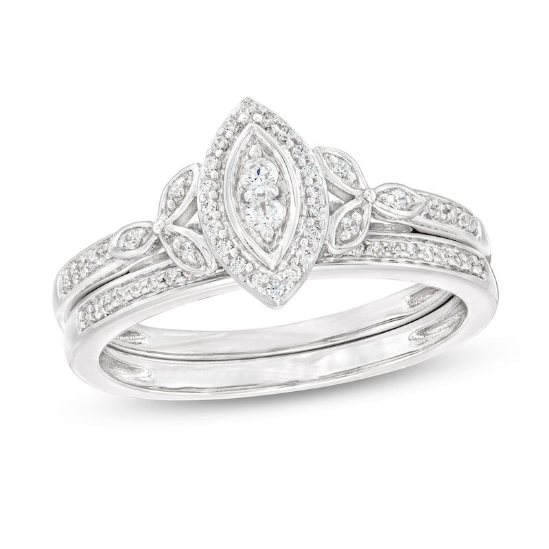 0.23 CT. T.W. Marquise-Shaped Multi-Diamond Frame Leaf-Sides Ribbon Shank Bridal Set in Sterling Silver|Peoples Jewellers