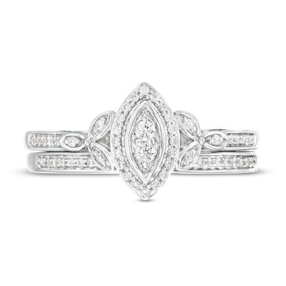 0.23 CT. T.W. Marquise-Shaped Multi-Diamond Frame Leaf-Sides Ribbon Shank Bridal Set in Sterling Silver