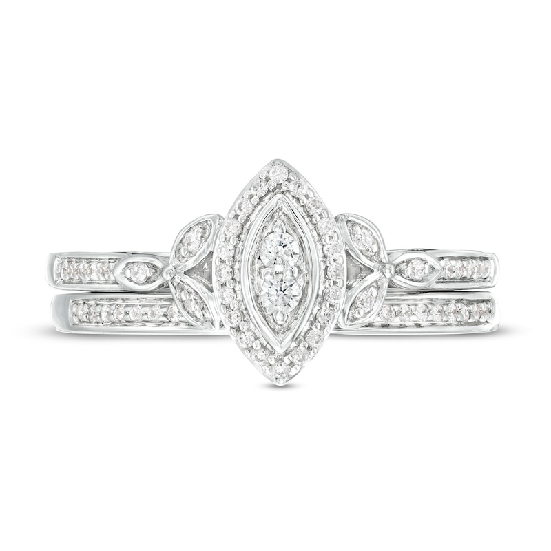 0.23 CT. T.W. Marquise-Shaped Multi-Diamond Frame Leaf-Sides Ribbon Shank Bridal Set in Sterling Silver