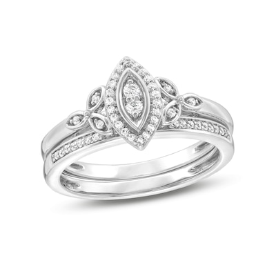 0.18 CT. T.W. Marquise-Shaped Multi-Diamond Frame Leaf-Sides Bridal Set in Sterling Silver