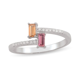 Couple's Baguette Gemstone and 0.08 CT. T.W. Diamond Bypass Ring (2 Stones)