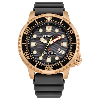 Men's Citizen Eco-Drive® Promaster Dive Rose-Tone PVD Black Strap Watch with Grey Dial (Model: BN0163-00H)