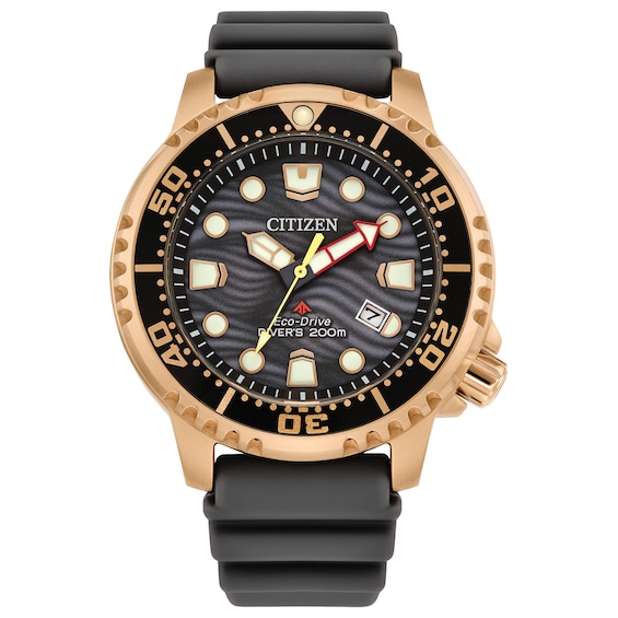 Men's Citizen Eco-Drive® Promaster Dive Rose-Tone PVD Black Strap Watch with Grey Dial (Model: BN0163-00H)