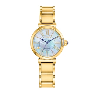 Ladies' Citizen Eco-Drive® L Mae Diamond Accent Gold-Tone Watch with Mother-of-Pearl Dial (Model: EM1062-57D)