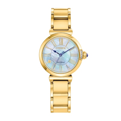 Ladies' Citizen Eco-Drive® L Mae Diamond Accent Gold-Tone Watch with Mother-of-Pearl Dial (Model: EM1062-57D)