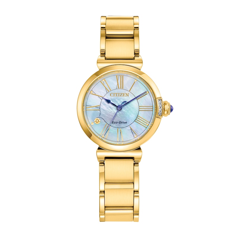 Ladies' Citizen Eco-Drive® L Mae Diamond Accent Gold-Tone Watch with Mother-of-Pearl Dial (Model: EM1062-57D)