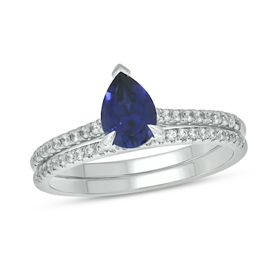 Pear-Shaped Blue Lab-Created Sapphire and 0.29 CT. T.W. Diamond Bridal Set in 10K White Gold