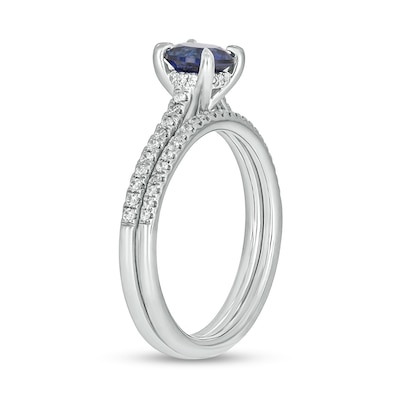 6.0mm Blue Lab-Created Sapphire and 0.29 CT. T.W. Diamond Bridal Set in 10K White Gold