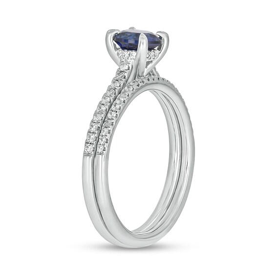 6.0mm Blue Lab-Created Sapphire and 0.29 CT. T.W. Diamond Bridal Set in 10K White Gold