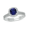 Thumbnail Image 0 of 6.0mm Cushion-Cut Blue Lab-Created Sapphire and 0.47 CT. T.W. Diamond Frame Bridal Set in 10K White Gold