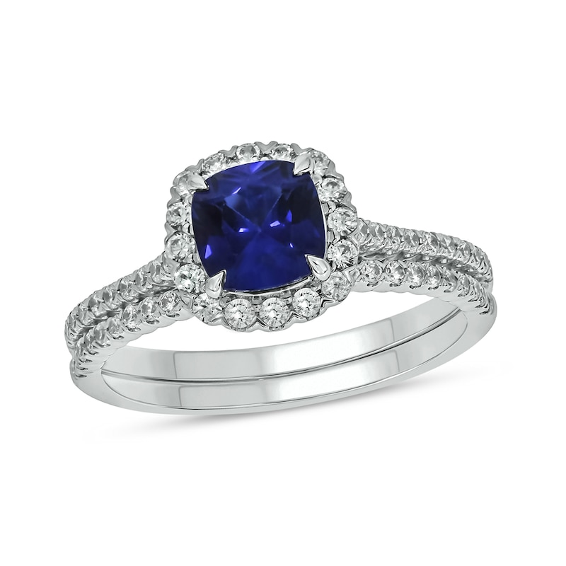 6.0mm Cushion-Cut Blue Lab-Created Sapphire and 0.47 CT. T.W. Diamond Frame Bridal Set in 10K White Gold|Peoples Jewellers