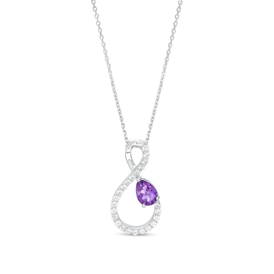 Pear-Shaped Amethyst and White Lab-Created Sapphire Loop Infinity Pendant in Sterling Silver