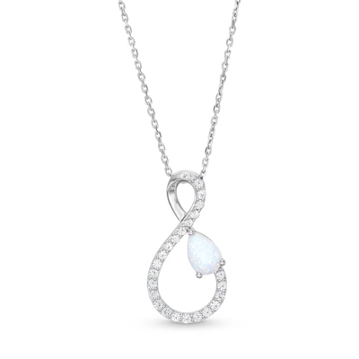 Pear-Shaped Lab-Created Opal and White Lab-Created Sapphire Infinity Ribbon Pendant in Sterling Silver