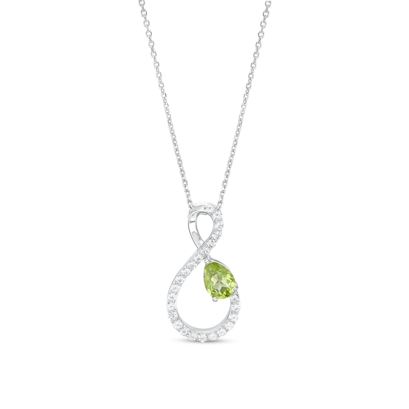 Pear-Shaped Peridot and White Lab-Created Sapphire Loop Infinity Pendant in Sterling Silver