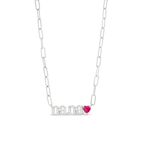 White Lab-Created Sapphire and Heart-Shaped Lab-Created Ruby "nana" Paper Clip Chain Necklace in Sterling Silver