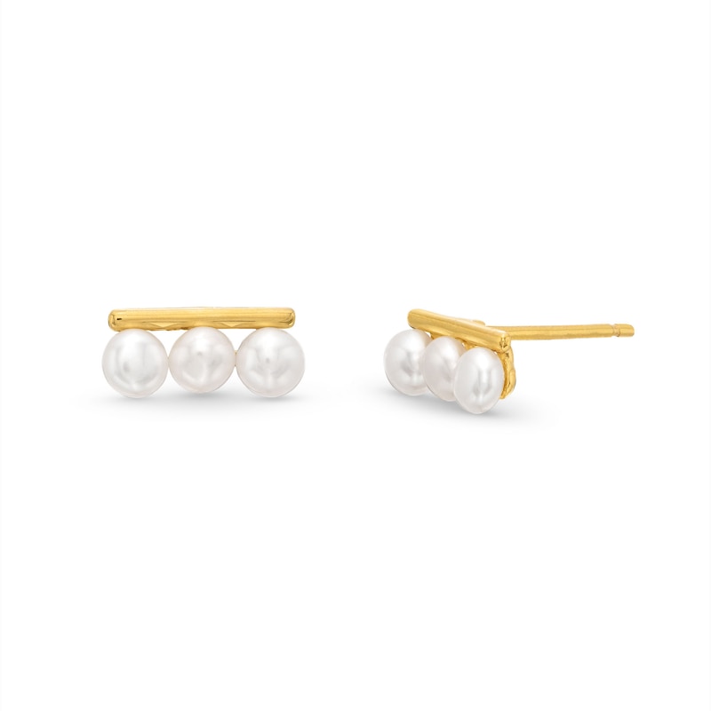 3.0mm Button Freshwater Cultured Pearl Bar Stud Earrings in 10K Gold