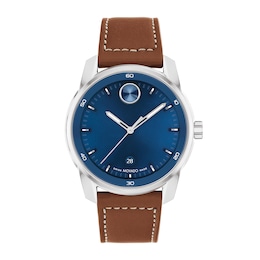 Men's Movado Bold Verso Brown Leather Strap Watch with Blue Dial (Model: 3600944)